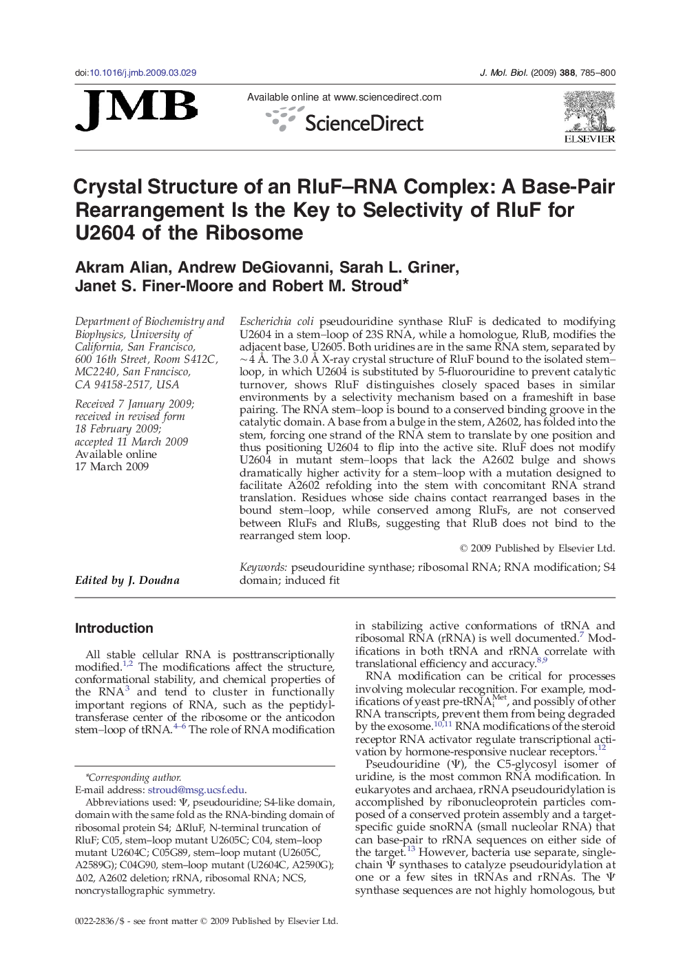 Crystal Structure of an RluF–RNA Complex: A Base-Pair Rearrangement Is the Key to Selectivity of RluF for U2604 of the Ribosome