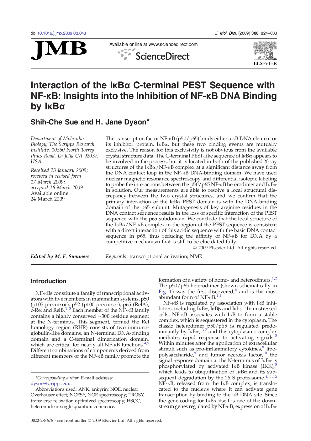 Interaction of the IκBα C-terminal PEST Sequence with NF-κB: Insights into the Inhibition of NF-κB DNA Binding by IκBα