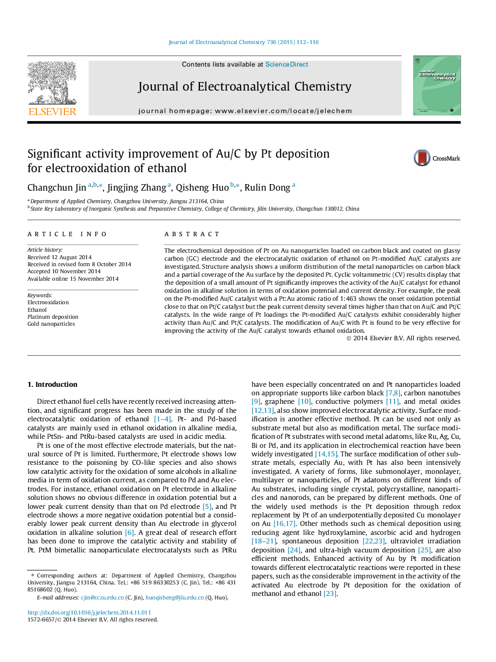 Significant activity improvement of Au/C by Pt deposition for electrooxidation of ethanol