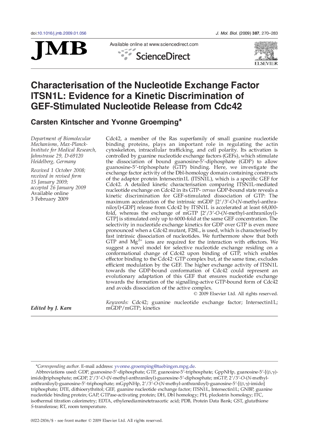 Characterisation of the Nucleotide Exchange Factor ITSN1L: Evidence for a Kinetic Discrimination of GEF-Stimulated Nucleotide Release from Cdc42