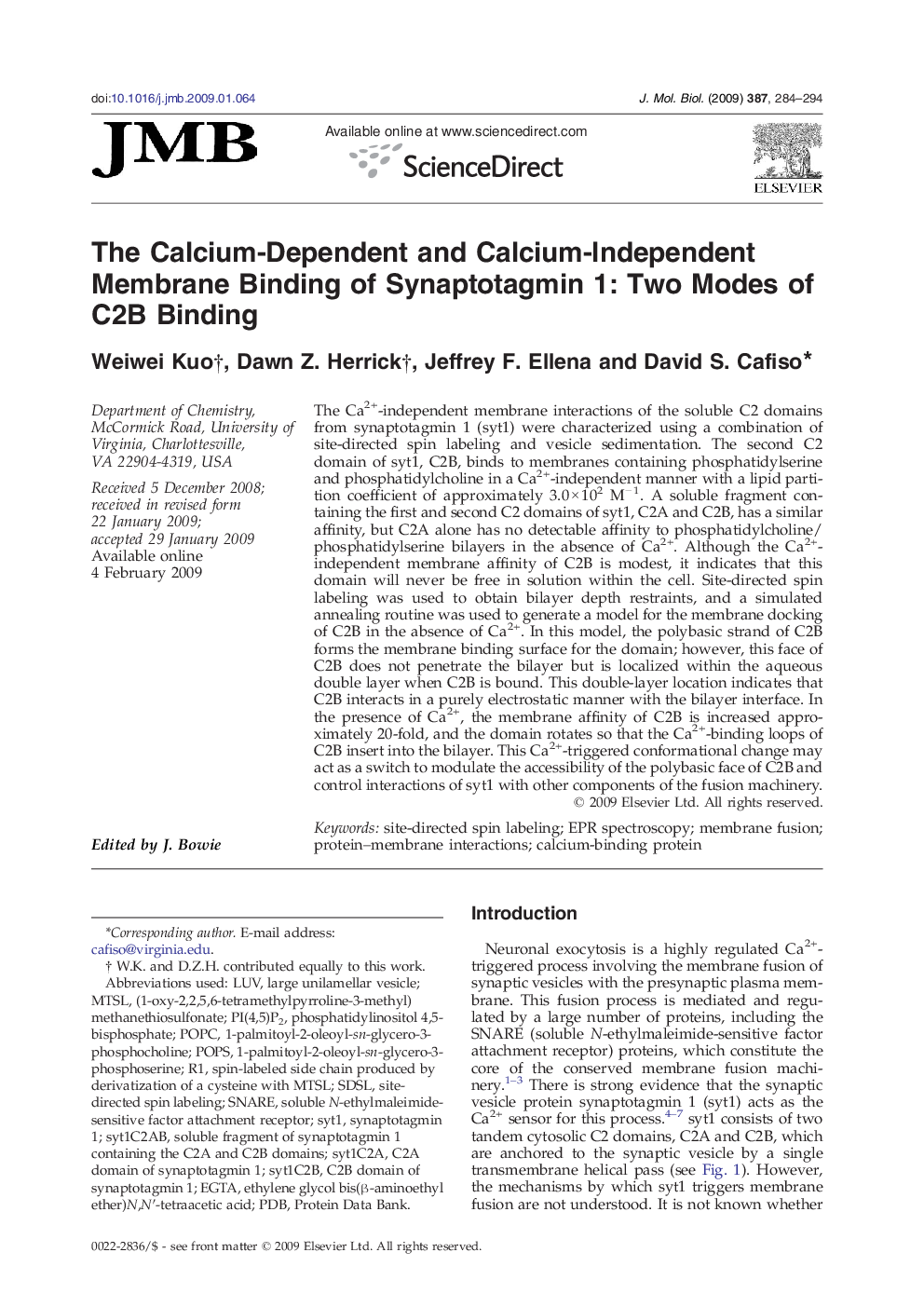 The Calcium-Dependent and Calcium-Independent Membrane Binding of Synaptotagmin 1: Two Modes of C2B Binding