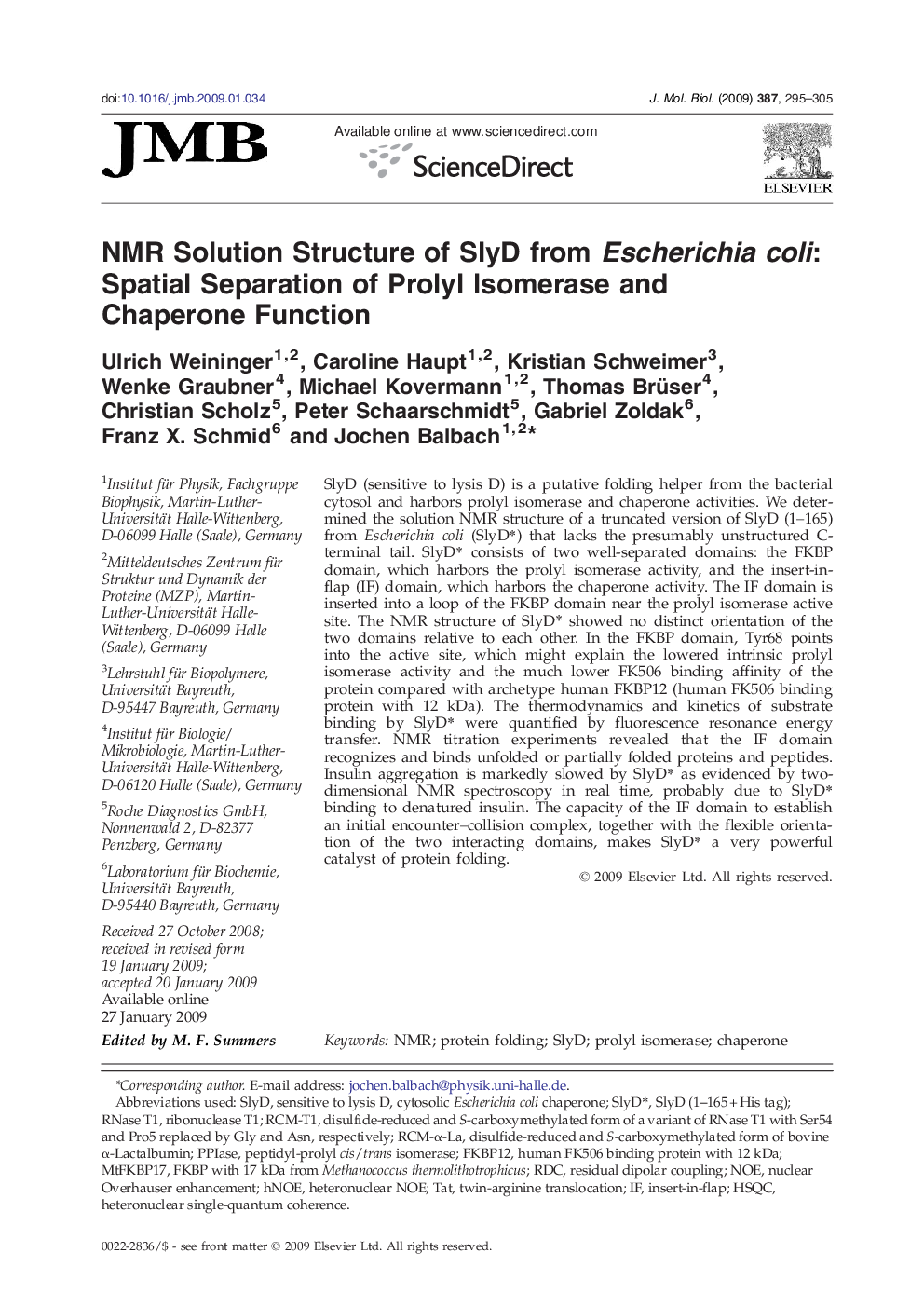 NMR Solution Structure of SlyD from Escherichia coli: Spatial Separation of Prolyl Isomerase and Chaperone Function