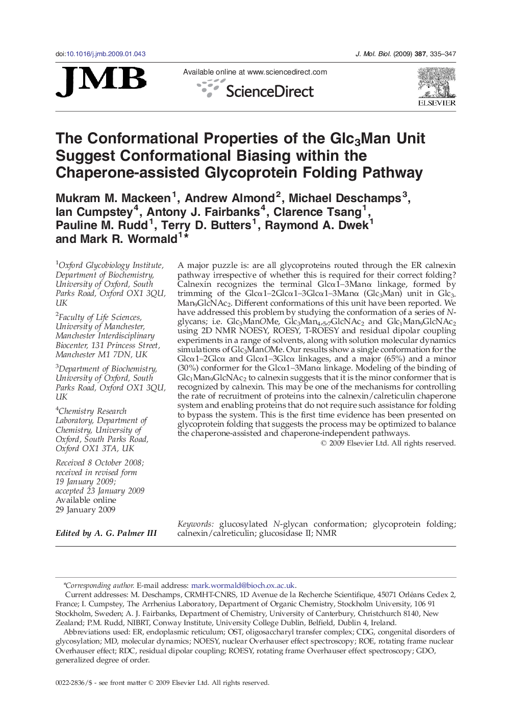 The Conformational Properties of the Glc3Man Unit Suggest Conformational Biasing within the Chaperone-assisted Glycoprotein Folding Pathway