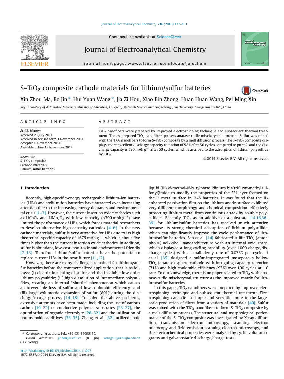 S–TiO2 composite cathode materials for lithium/sulfur batteries