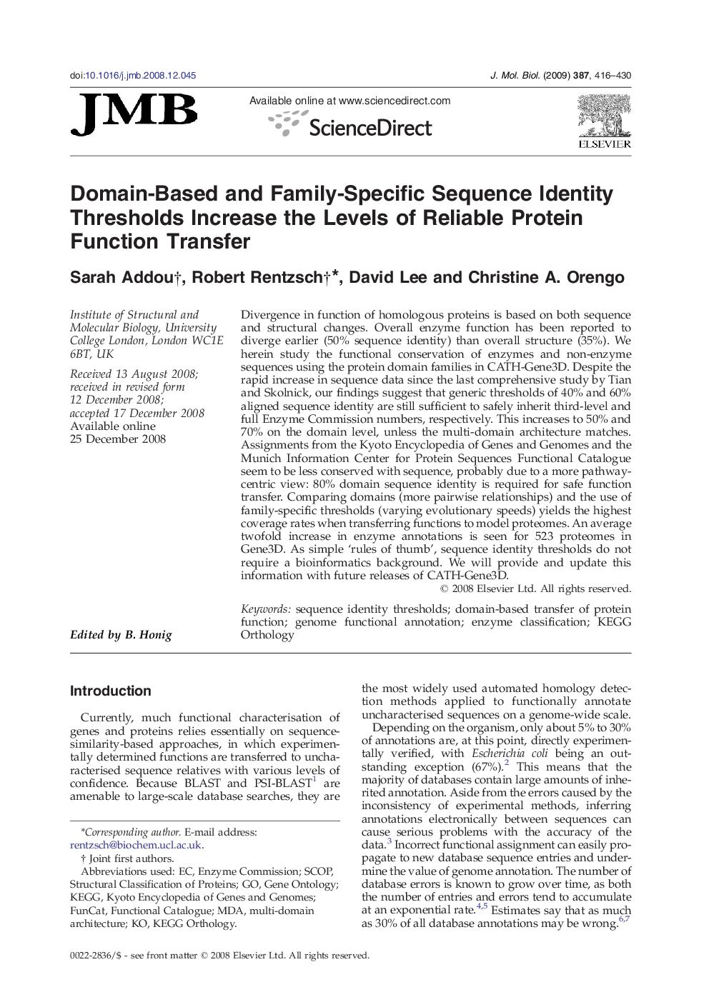 Domain-Based and Family-Specific Sequence Identity Thresholds Increase the Levels of Reliable Protein Function Transfer