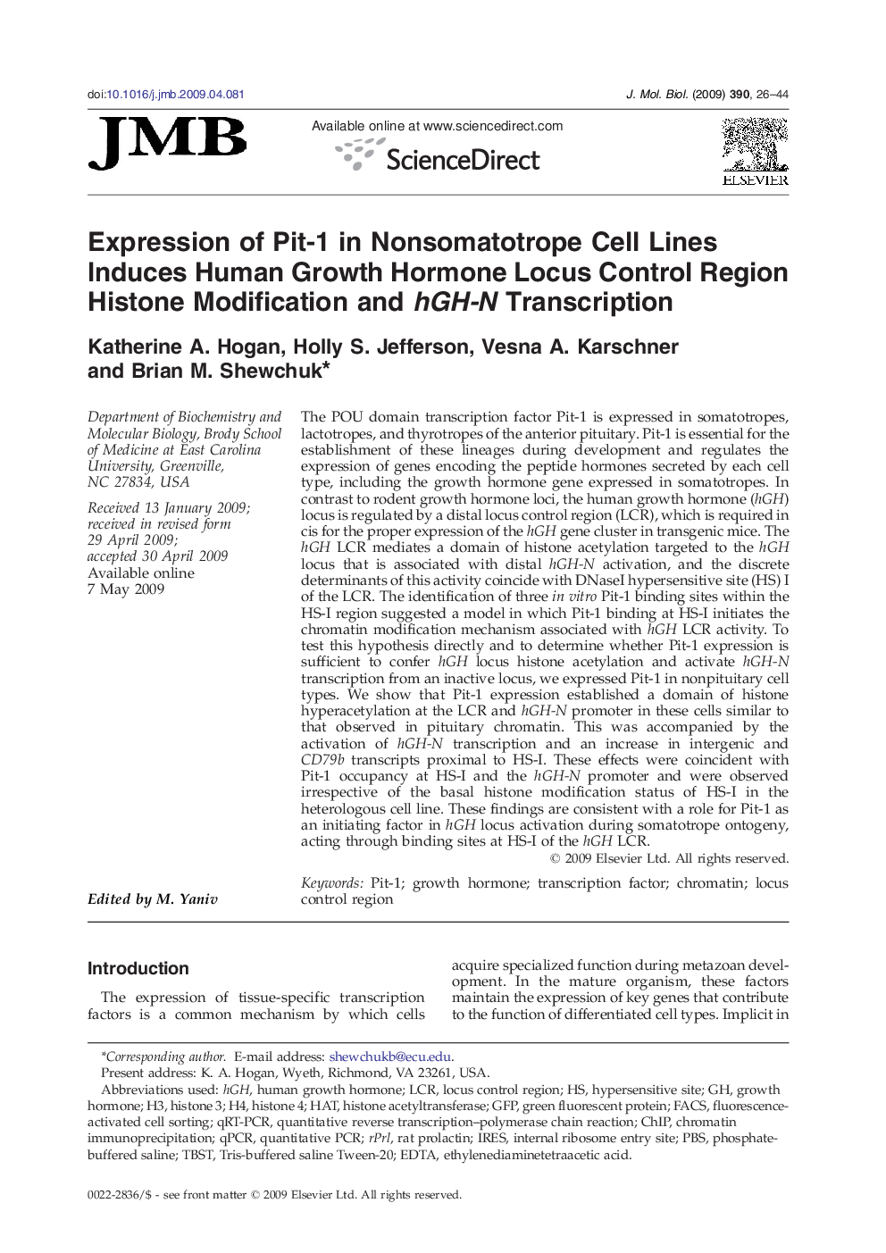 Expression of Pit-1 in Nonsomatotrope Cell Lines Induces Human Growth Hormone Locus Control Region Histone Modification and hGH-N Transcription