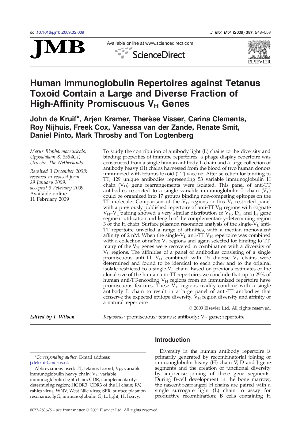 Human Immunoglobulin Repertoires against Tetanus Toxoid Contain a Large and Diverse Fraction of High-Affinity Promiscuous VH Genes