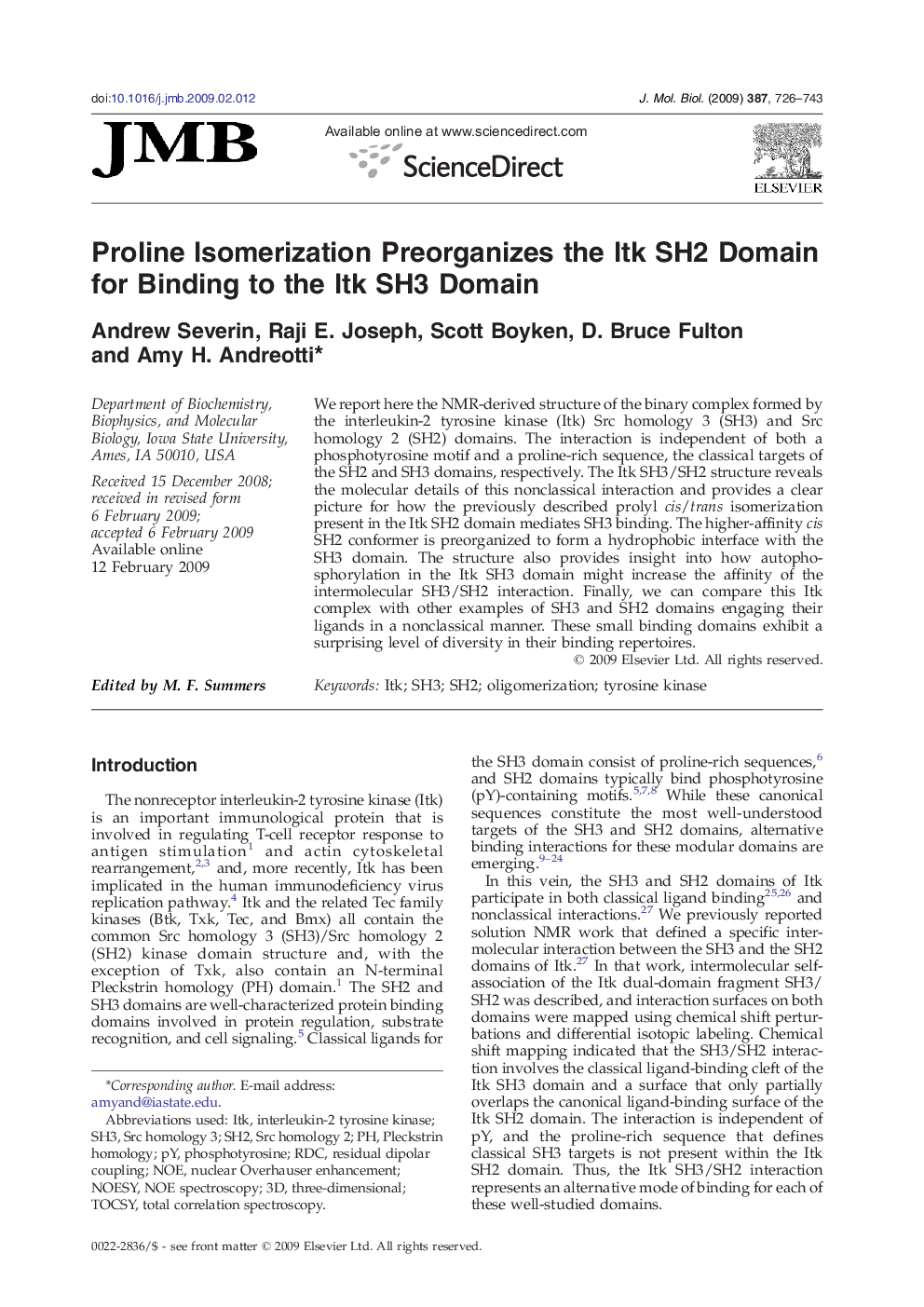 Proline Isomerization Preorganizes the Itk SH2 Domain for Binding to the Itk SH3 Domain