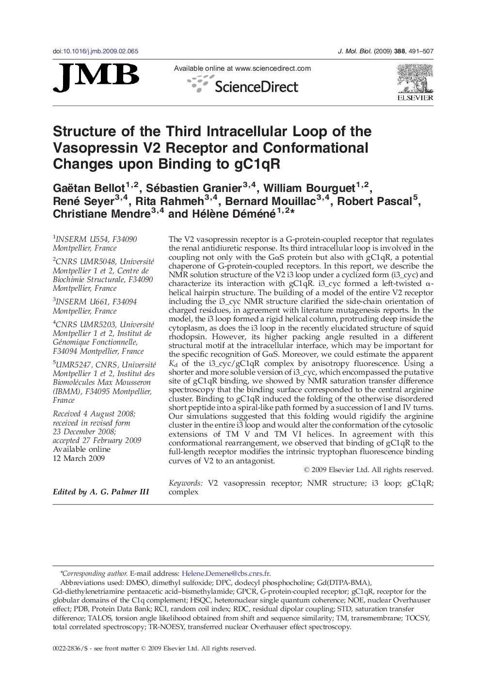 Structure of the Third Intracellular Loop of the Vasopressin V2 Receptor and Conformational Changes upon Binding to gC1qR