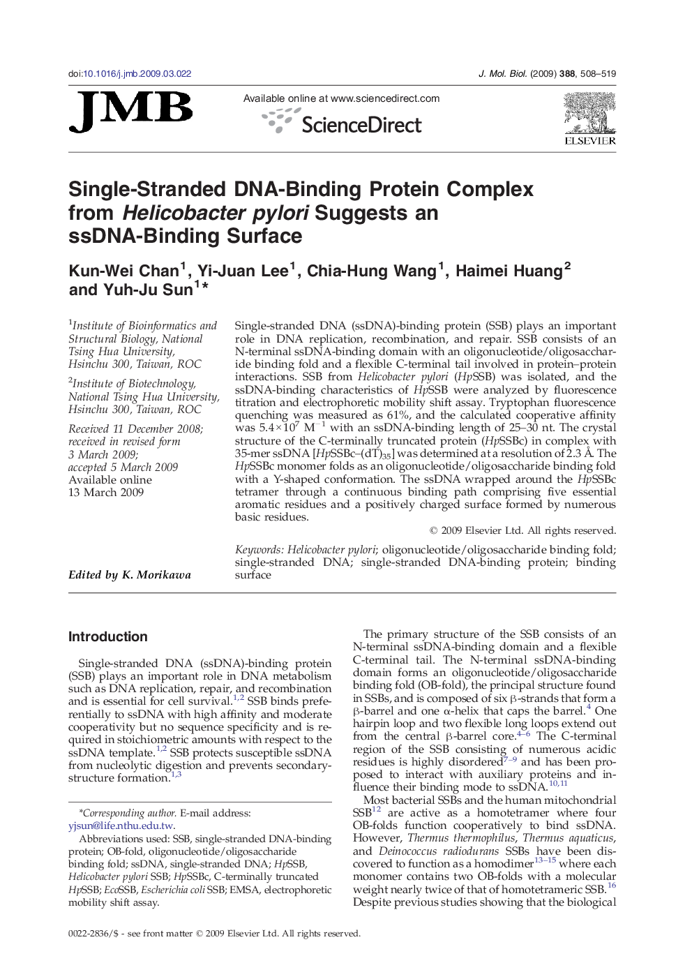 Single-Stranded DNA-Binding Protein Complex from Helicobacter pylori Suggests an ssDNA-Binding Surface