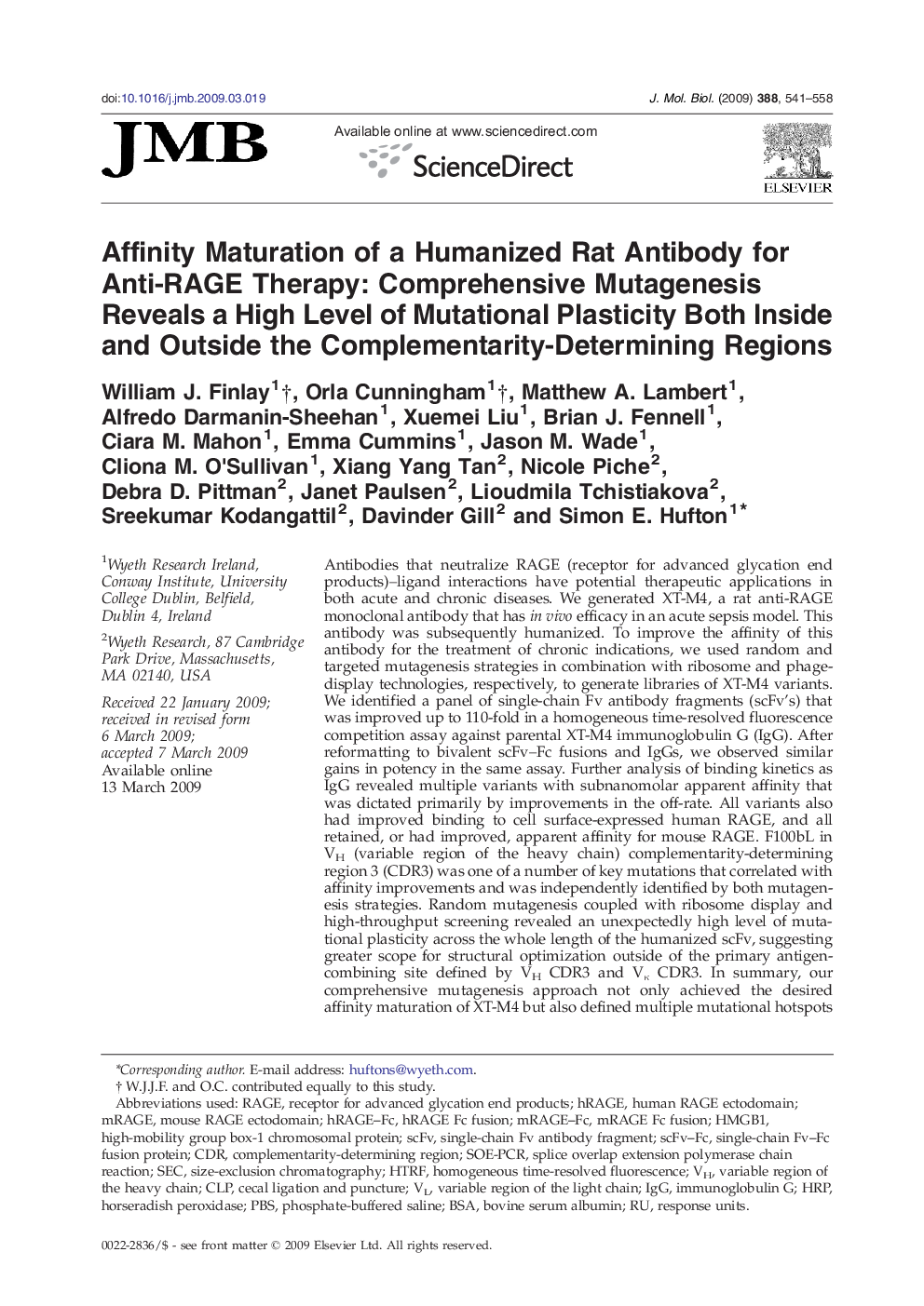 Affinity Maturation of a Humanized Rat Antibody for Anti-RAGE Therapy: Comprehensive Mutagenesis Reveals a High Level of Mutational Plasticity Both Inside and Outside the Complementarity-Determining Regions