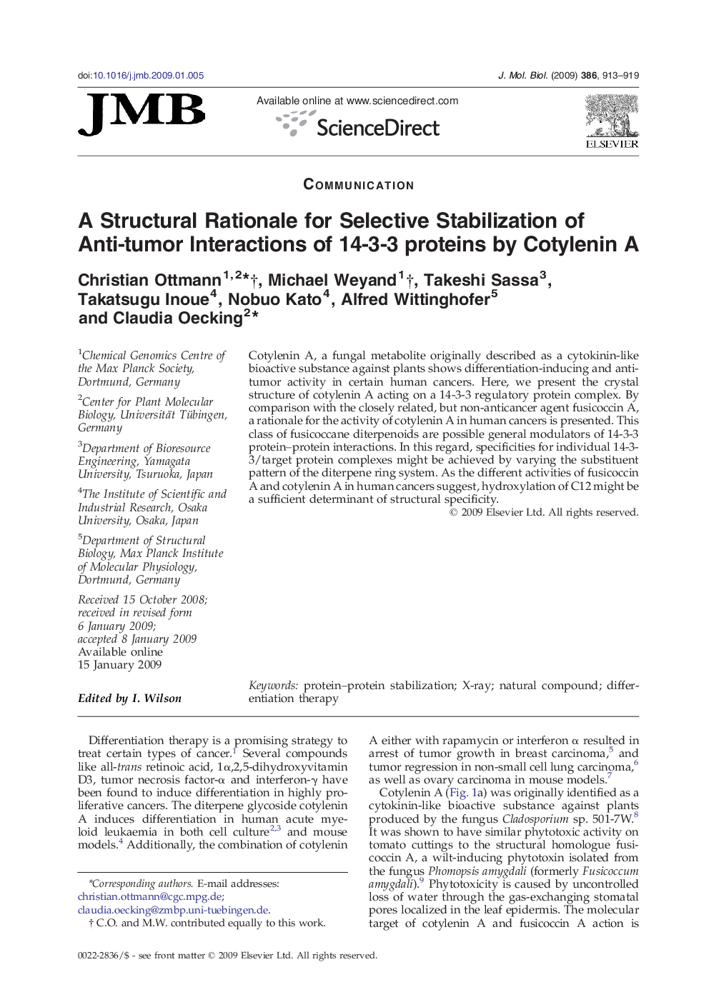 A Structural Rationale for Selective Stabilization of Anti-tumor Interactions of 14-3-3 proteins by Cotylenin A