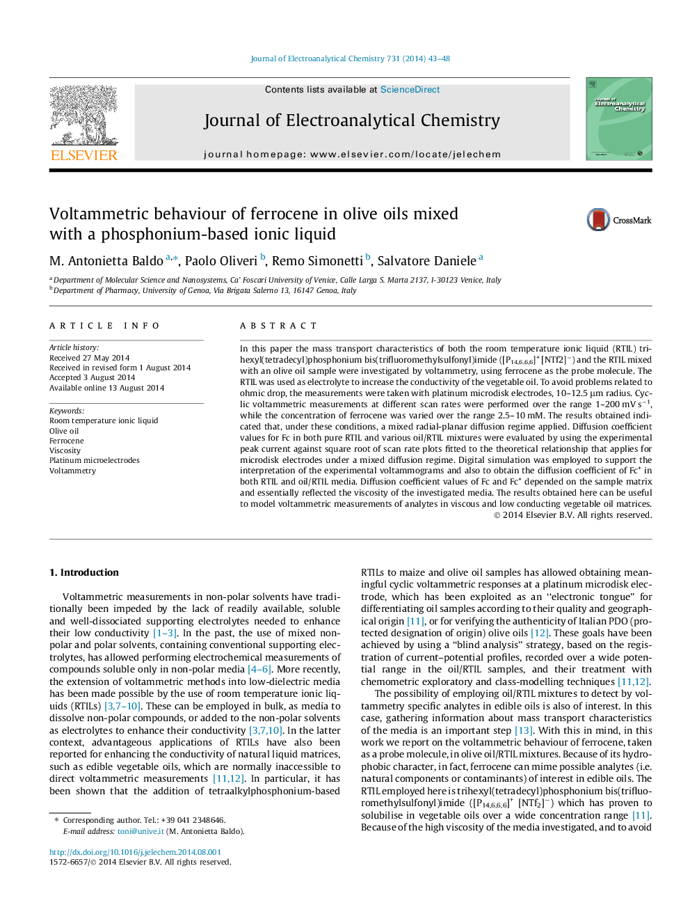 Voltammetric behaviour of ferrocene in olive oils mixed with a phosphonium-based ionic liquid
