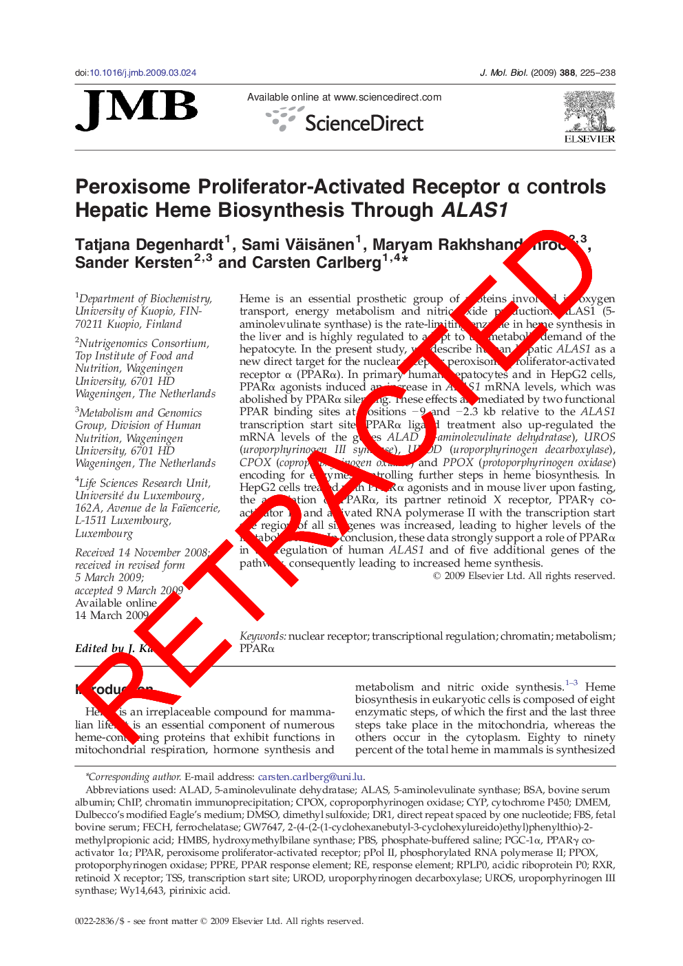 RETRACTED: Peroxisome Proliferator-Activated Receptor α Controls Hepatic Heme Biosynthesis Through ALAS1