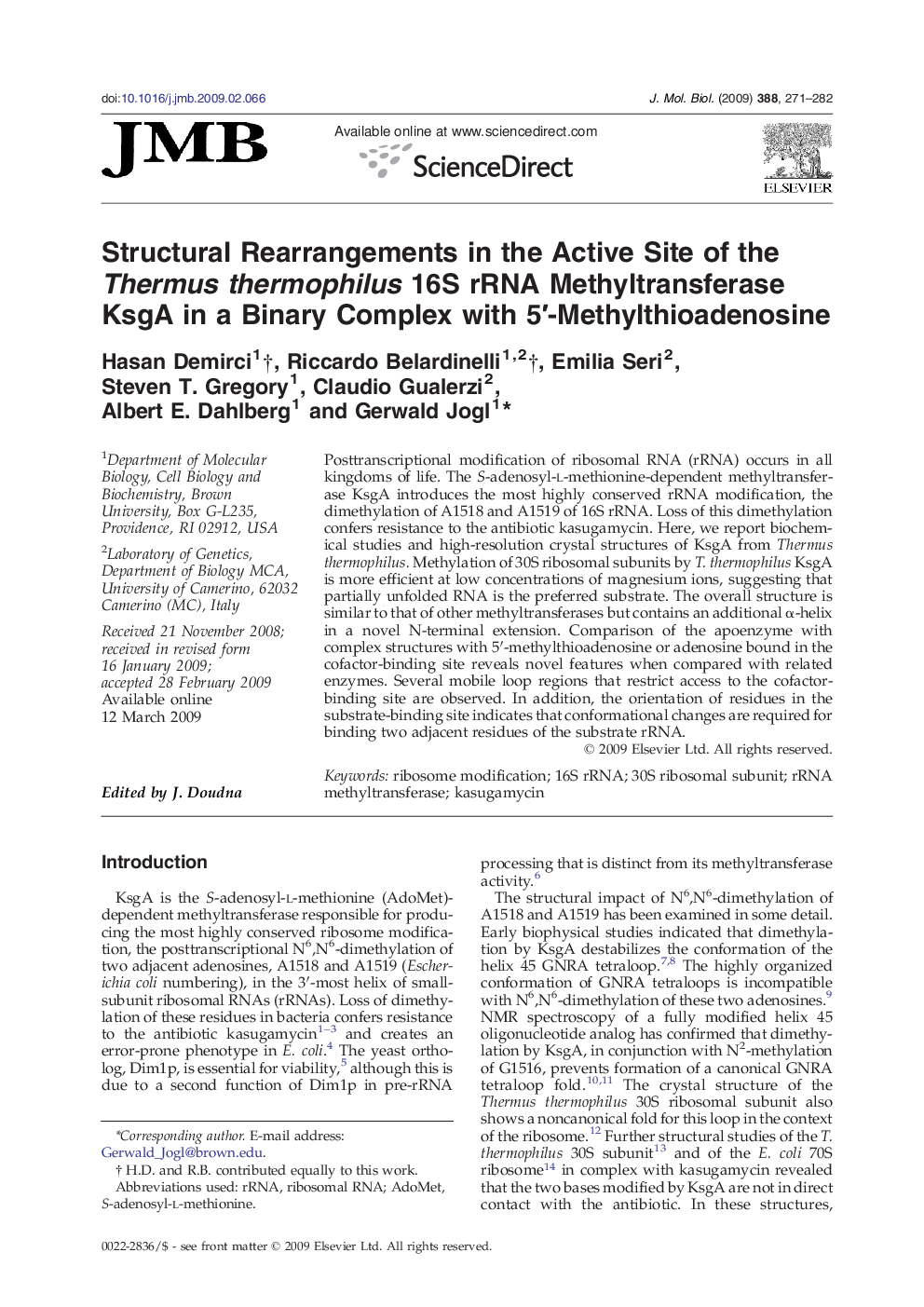 Structural Rearrangements in the Active Site of the Thermus thermophilus 16S rRNA Methyltransferase KsgA in a Binary Complex with 5′-Methylthioadenosine