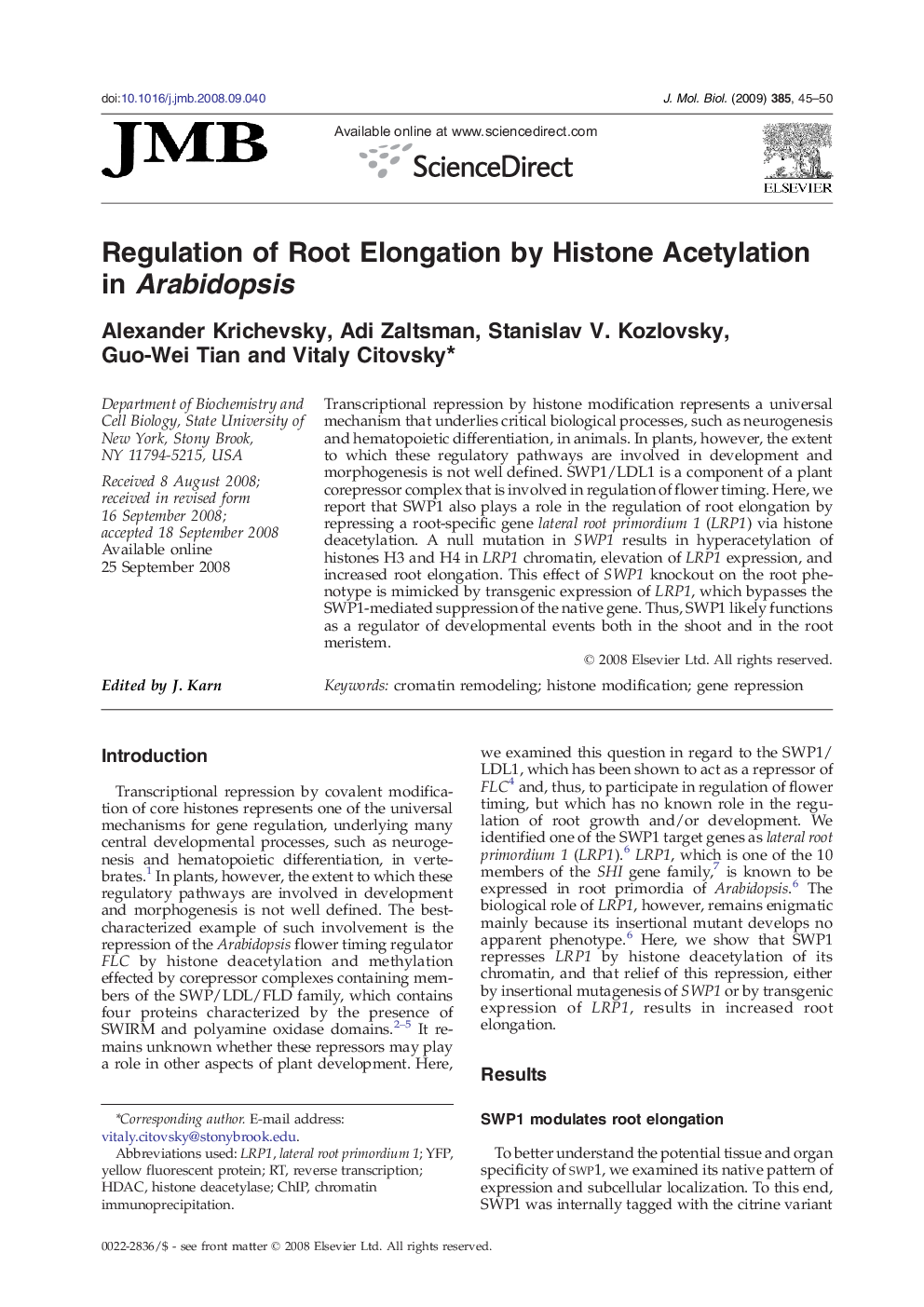 Regulation of Root Elongation by Histone Acetylation in Arabidopsis