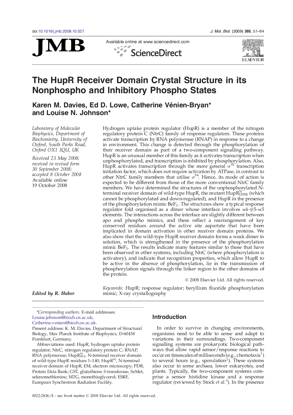 The HupR Receiver Domain Crystal Structure in its Nonphospho and Inhibitory Phospho States