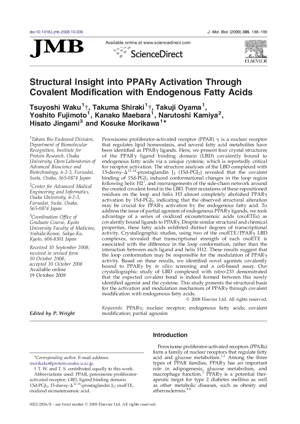 Structural Insight into PPARγ Activation Through Covalent Modification with Endogenous Fatty Acids