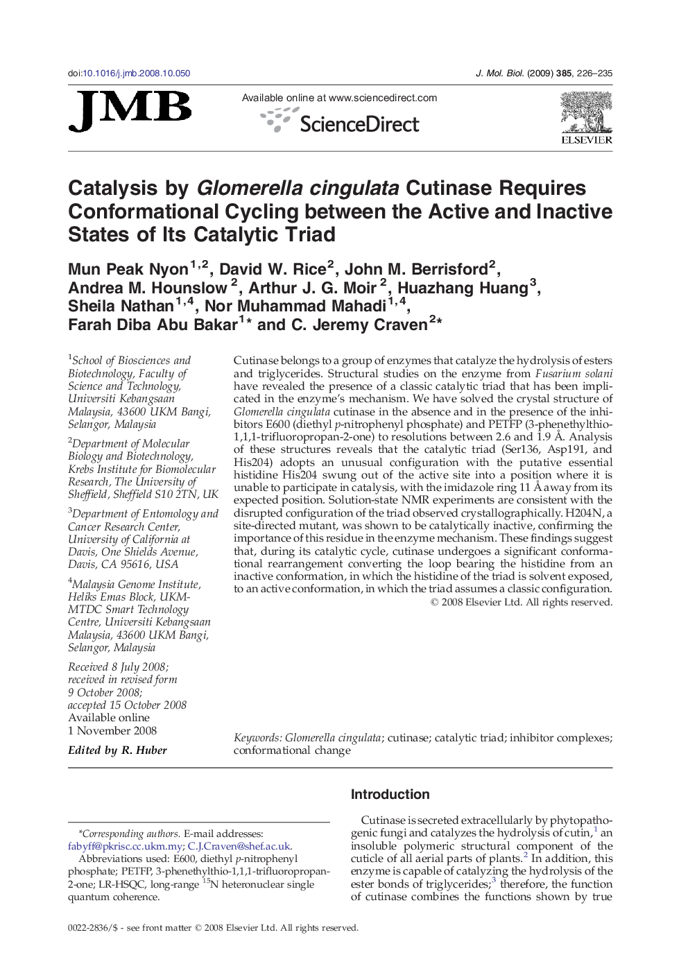 Catalysis by Glomerella cingulata Cutinase Requires Conformational Cycling between the Active and Inactive States of Its Catalytic Triad