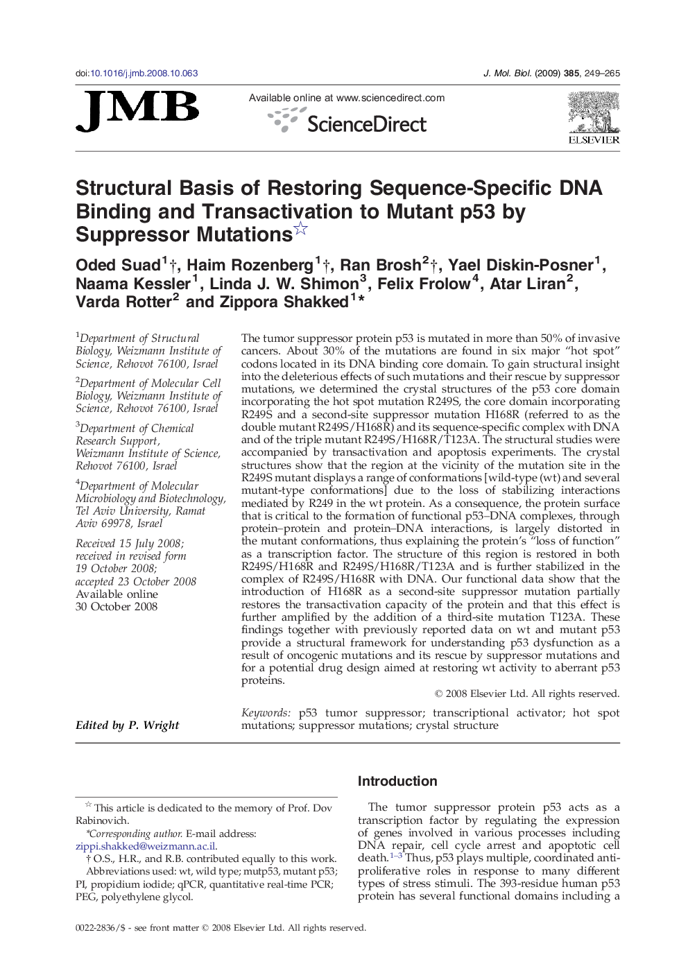 Structural Basis of Restoring Sequence-Specific DNA Binding and Transactivation to Mutant p53 by Suppressor Mutations 