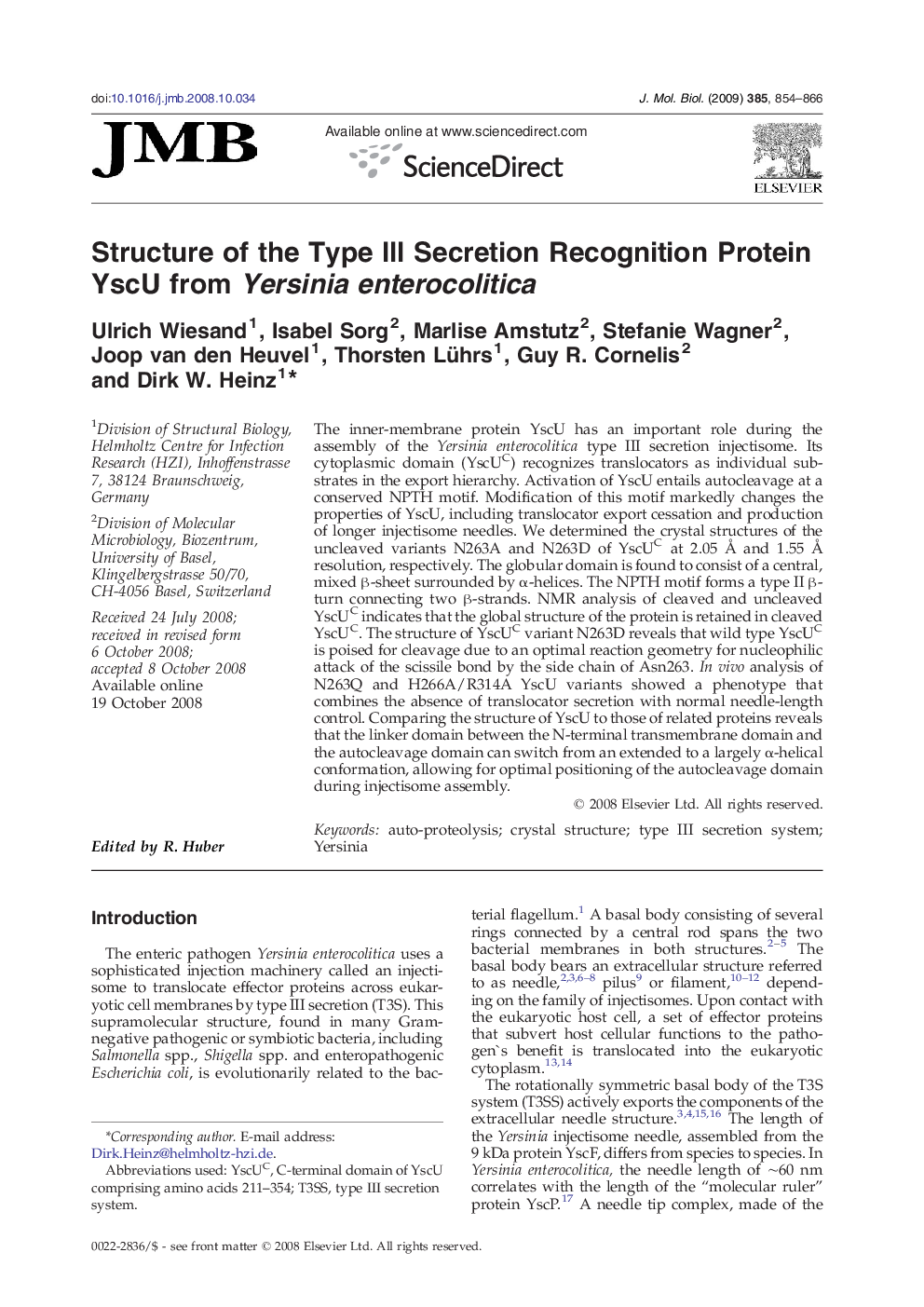 Structure of the Type III Secretion Recognition Protein YscU from Yersinia enterocolitica