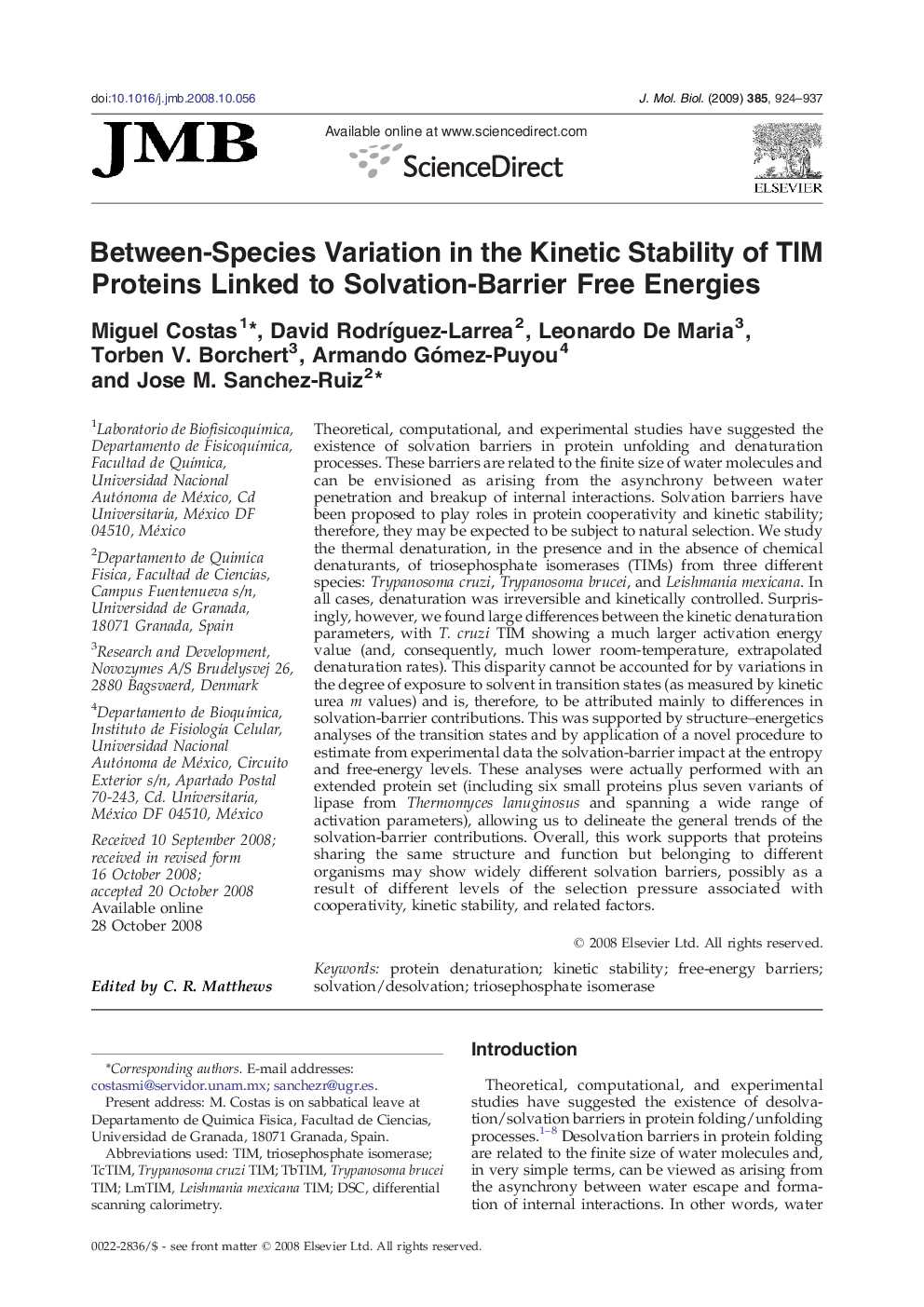 Between-Species Variation in the Kinetic Stability of TIM Proteins Linked to Solvation-Barrier Free Energies