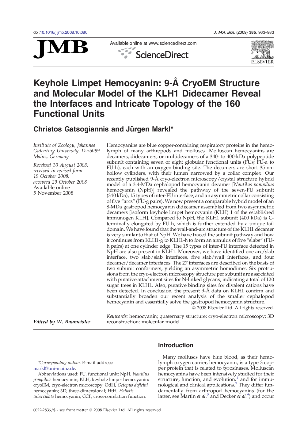 Keyhole Limpet Hemocyanin: 9-Å CryoEM Structure and Molecular Model of the KLH1 Didecamer Reveal the Interfaces and Intricate Topology of the 160 Functional Units