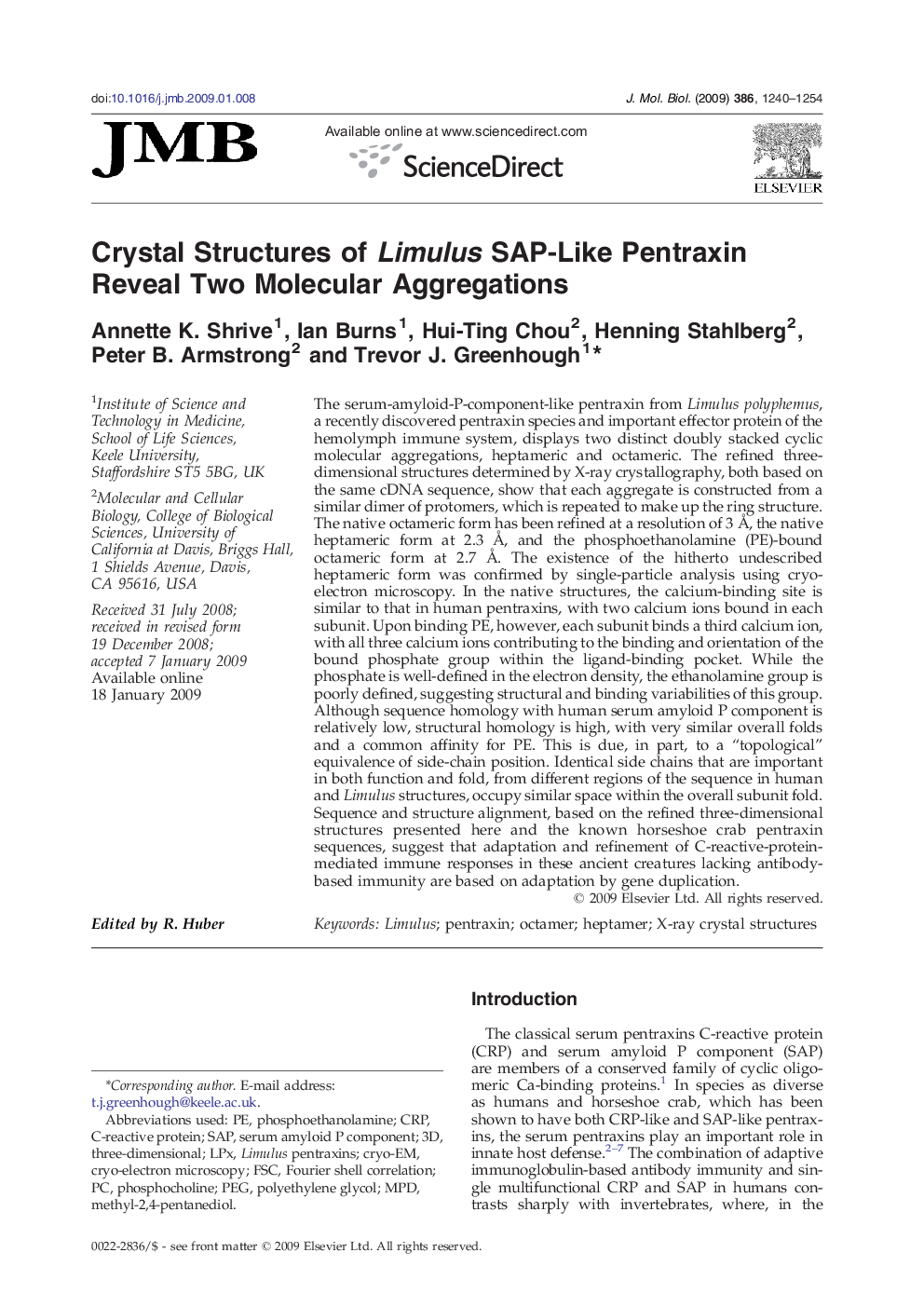 Crystal Structures of Limulus SAP-Like Pentraxin Reveal Two Molecular Aggregations