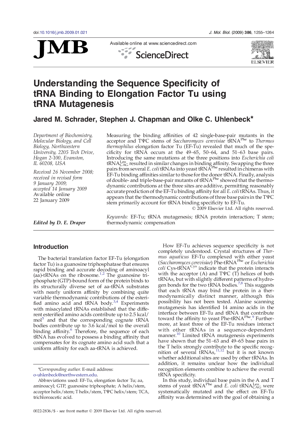 Understanding the Sequence Specificity of tRNA Binding to Elongation Factor Tu using tRNA Mutagenesis