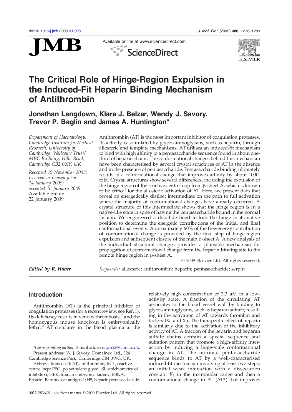 The Critical Role of Hinge-Region Expulsion in the Induced-Fit Heparin Binding Mechanism of Antithrombin