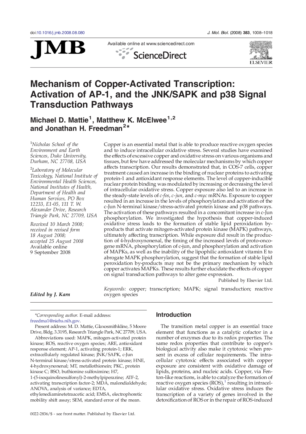 Mechanism of Copper-Activated Transcription: Activation of AP-1, and the JNK/SAPK and p38 Signal Transduction Pathways