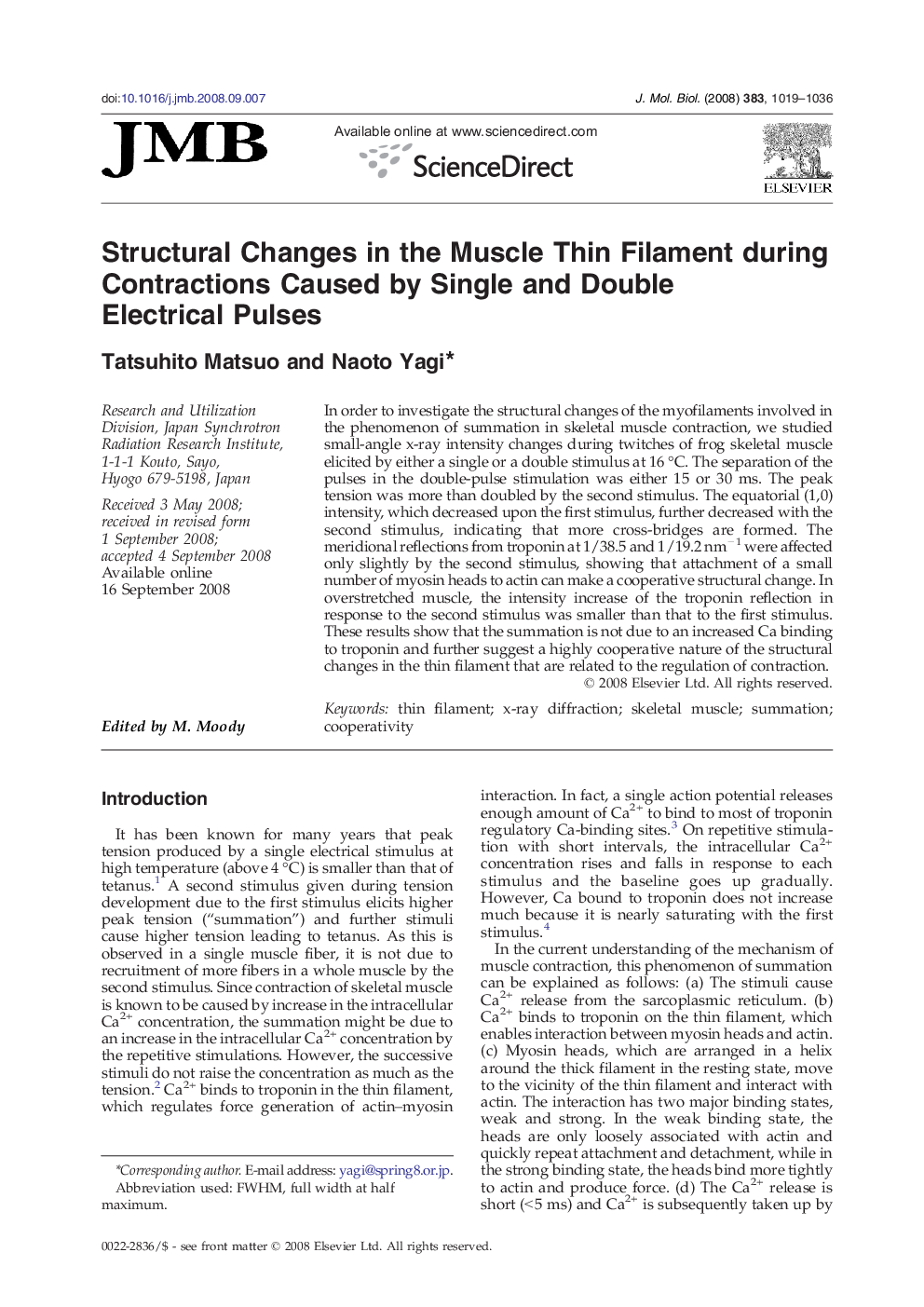 Structural Changes in the Muscle Thin Filament during Contractions Caused by Single and Double Electrical Pulses