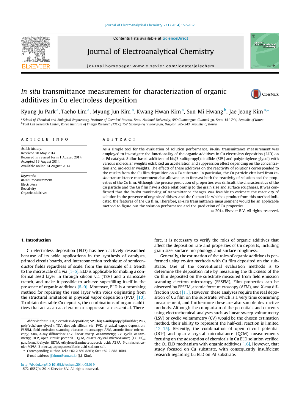 In-situ transmittance measurement for characterization of organic additives in Cu electroless deposition