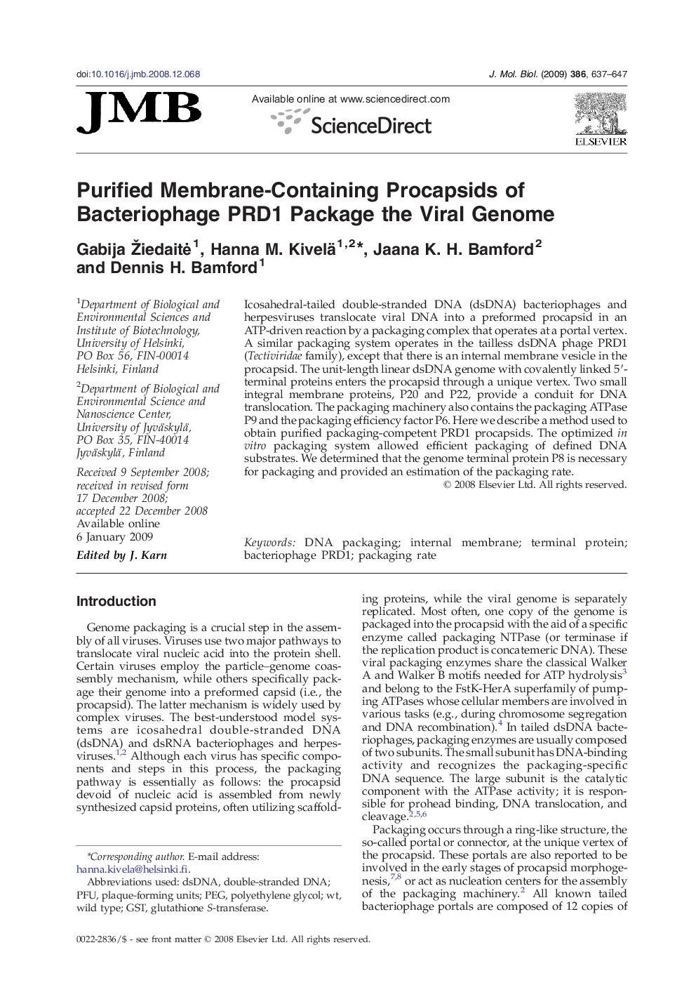 Purified Membrane-Containing Procapsids of Bacteriophage PRD1 Package the Viral Genome