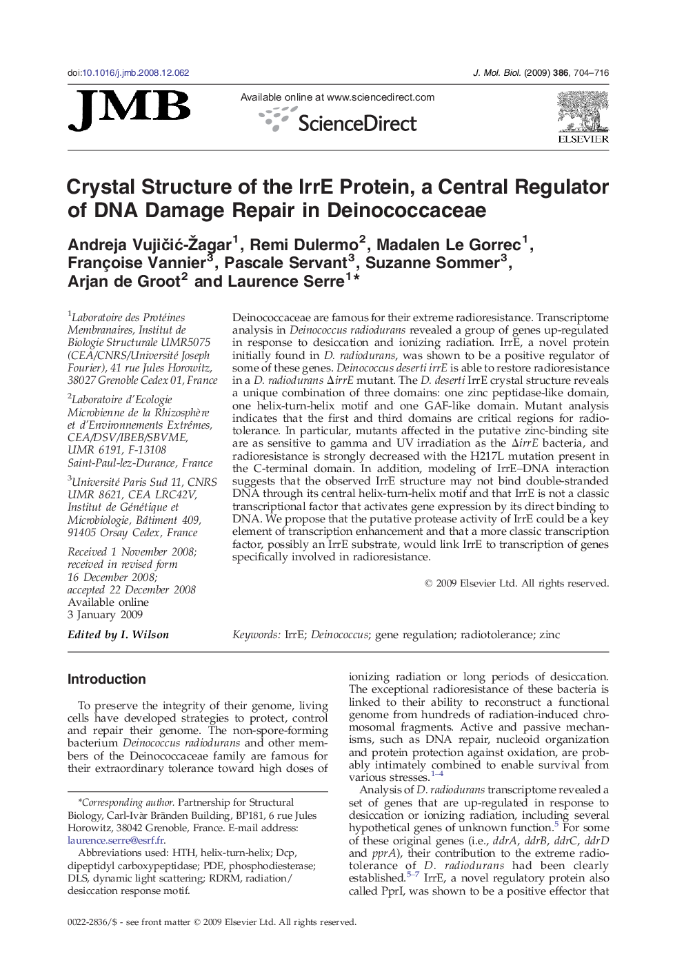 Crystal Structure of the IrrE Protein, a Central Regulator of DNA Damage Repair in Deinococcaceae