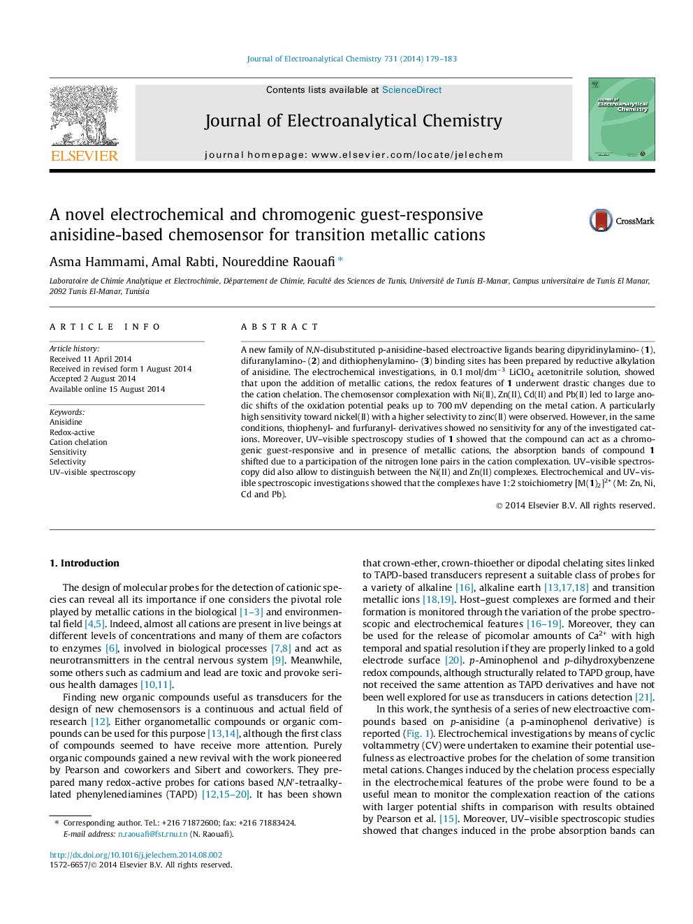 یک کیموسنسور مبتنی بر آنیدستین مهار کننده کروماتیک و کروماتین جدید برای کاتیاسیون های متالیک انتقال 