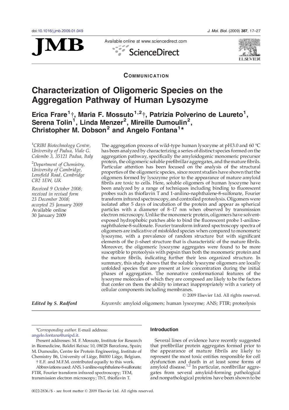 Characterization of Oligomeric Species on the Aggregation Pathway of Human Lysozyme