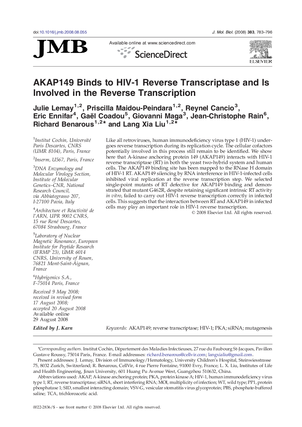 AKAP149 Binds to HIV-1 Reverse Transcriptase and Is Involved in the Reverse Transcription