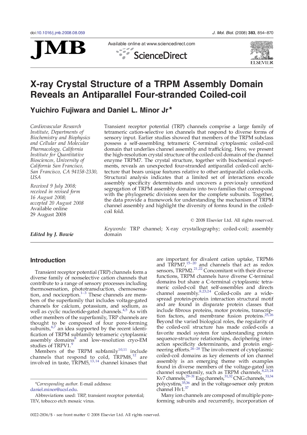 X-ray Crystal Structure of a TRPM Assembly Domain Reveals an Antiparallel Four-stranded Coiled-coil