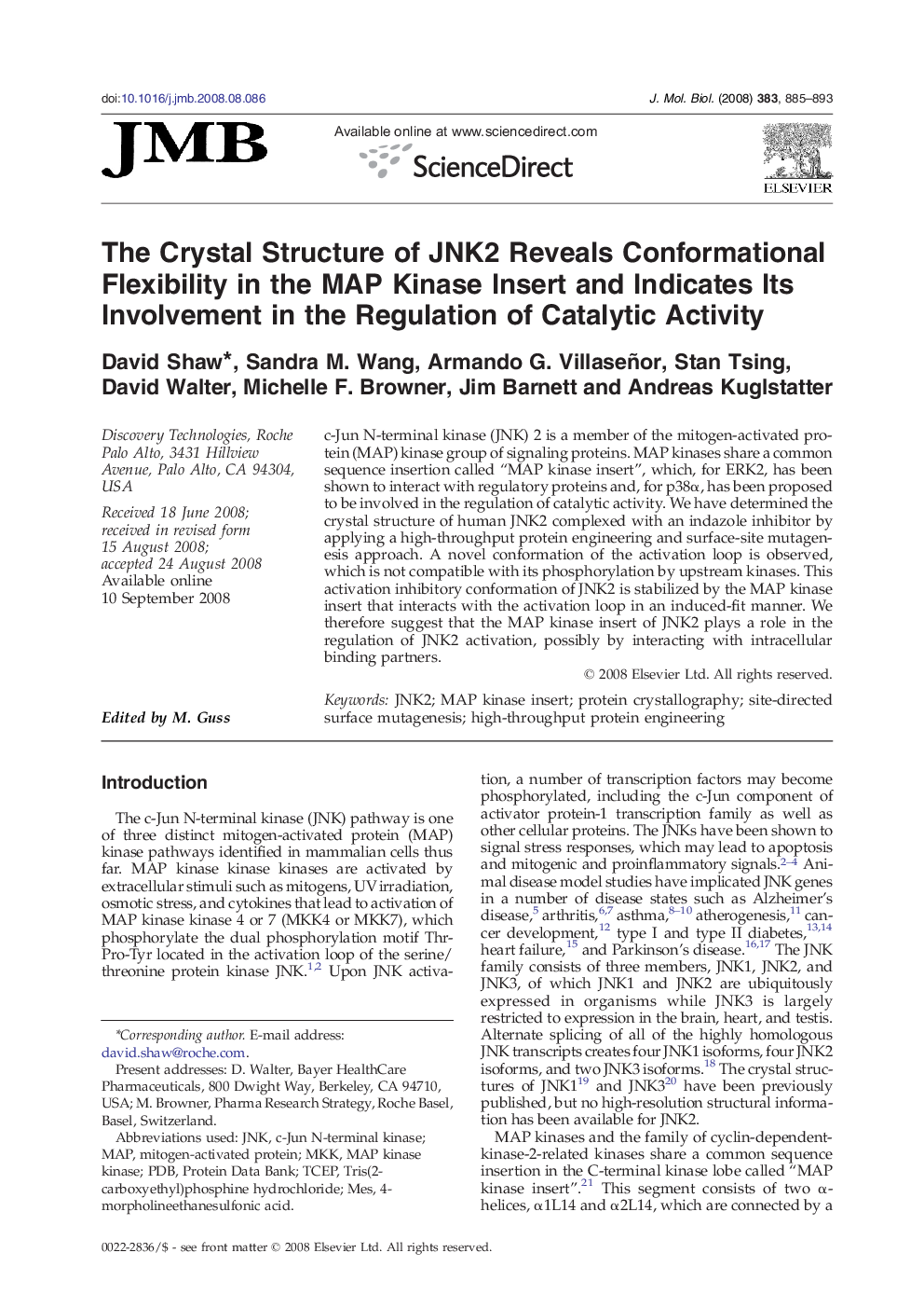 The Crystal Structure of JNK2 Reveals Conformational Flexibility in the MAP Kinase Insert and Indicates Its Involvement in the Regulation of Catalytic Activity