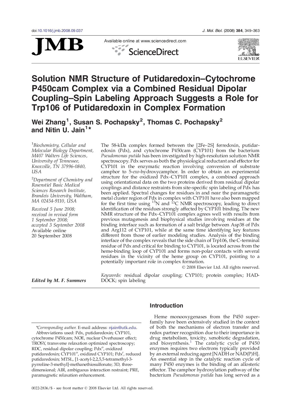 Solution NMR Structure of Putidaredoxin–Cytochrome P450cam Complex via a Combined Residual Dipolar Coupling–Spin Labeling Approach Suggests a Role for Trp106 of Putidaredoxin in Complex Formation