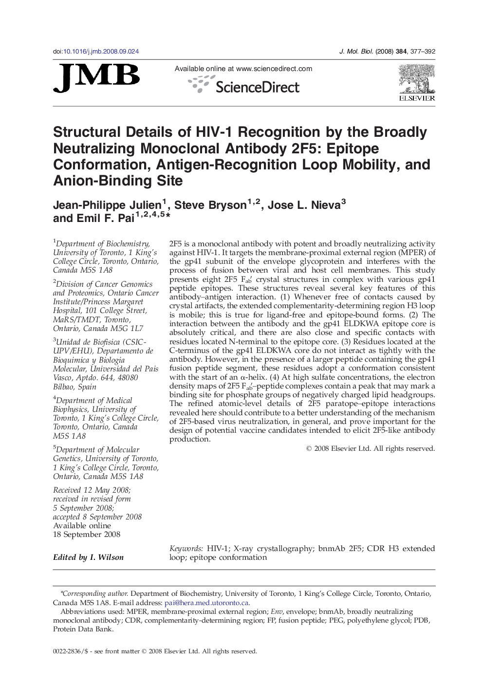 Structural Details of HIV-1 Recognition by the Broadly Neutralizing Monoclonal Antibody 2F5: Epitope Conformation, Antigen-Recognition Loop Mobility, and Anion-Binding Site