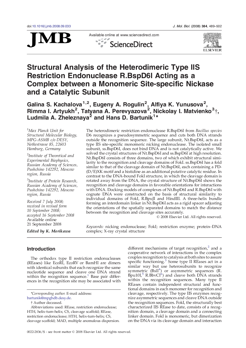 Structural Analysis of the Heterodimeric Type IIS Restriction Endonuclease R.BspD6I Acting as a Complex between a Monomeric Site-specific Nickase and a Catalytic Subunit