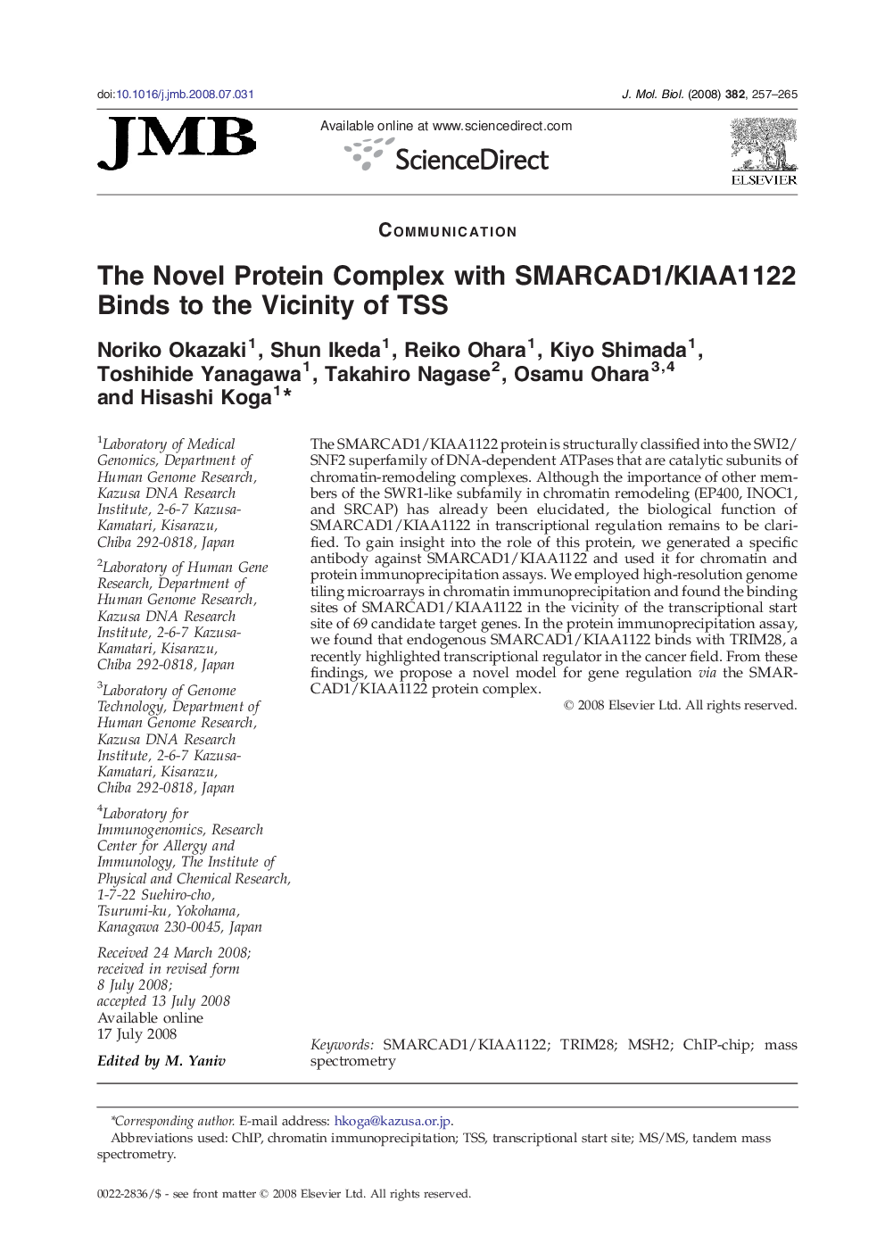 The Novel Protein Complex with SMARCAD1/KIAA1122 Binds to the Vicinity of TSS