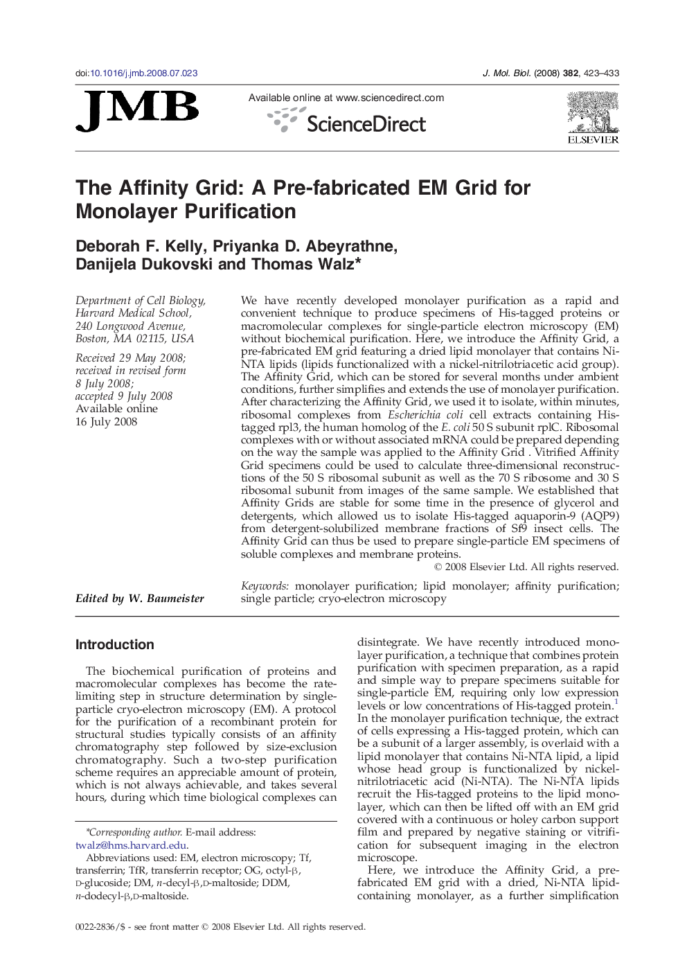 The Affinity Grid: A Pre-fabricated EM Grid for Monolayer Purification