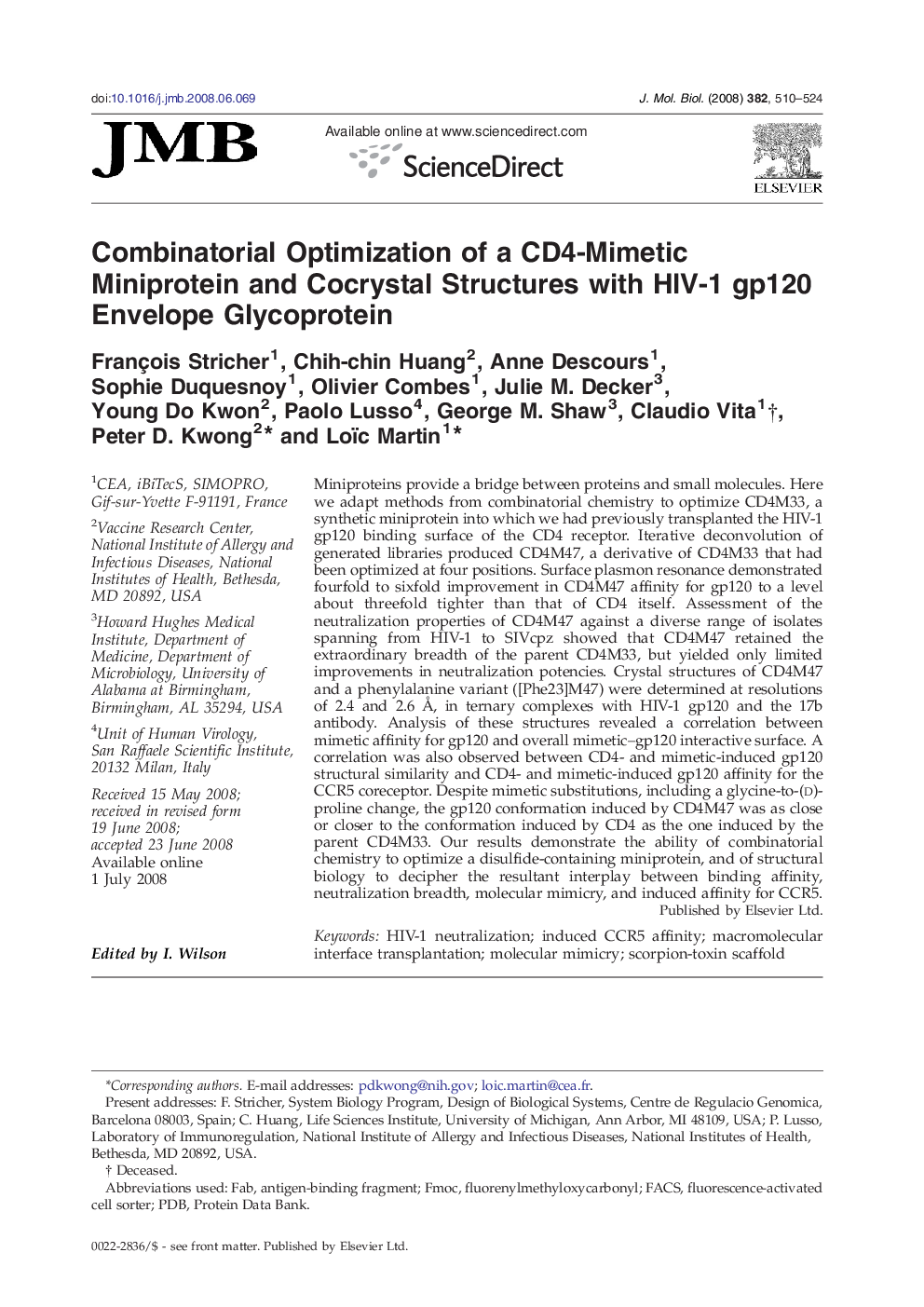 Combinatorial Optimization of a CD4-Mimetic Miniprotein and Cocrystal Structures with HIV-1 gp120 Envelope Glycoprotein