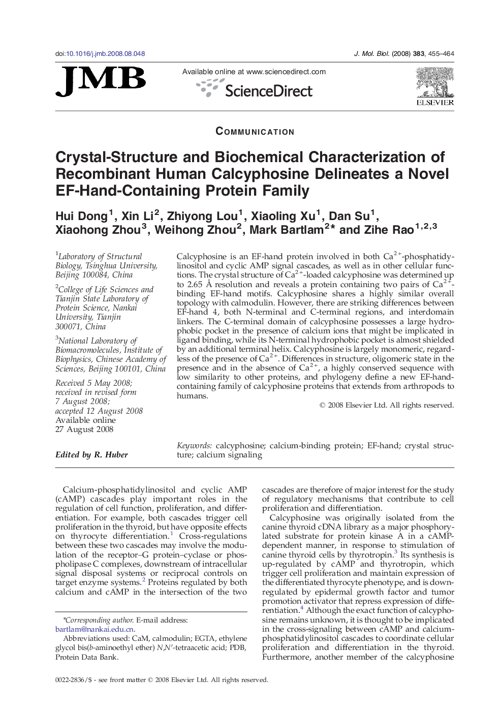 Crystal-Structure and Biochemical Characterization of Recombinant Human Calcyphosine Delineates a Novel EF-Hand-Containing Protein Family