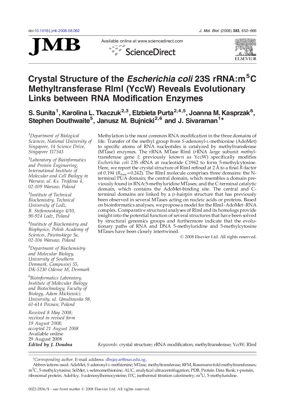 Crystal Structure of the Escherichia coli 23S rRNA:m5C Methyltransferase RlmI (YccW) Reveals Evolutionary Links between RNA Modification Enzymes