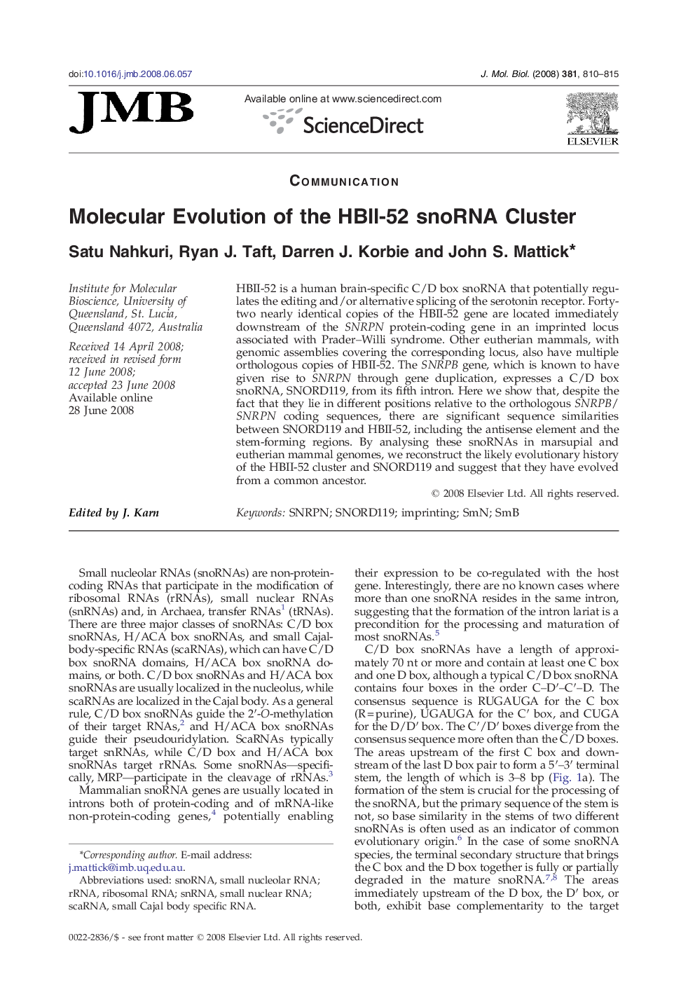 Molecular Evolution of the HBII-52 snoRNA Cluster