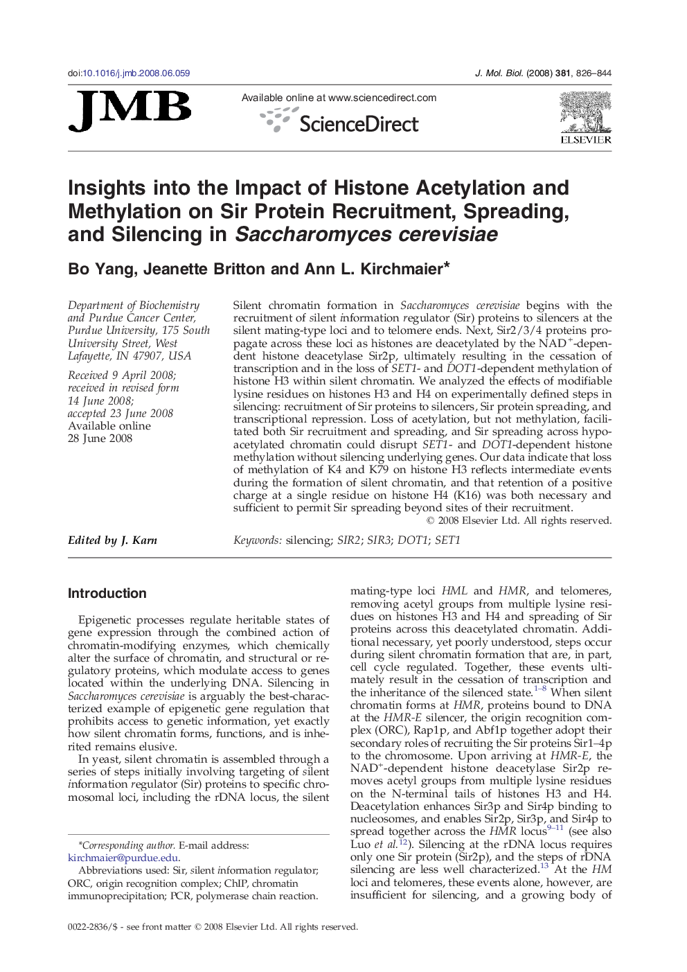 Insights into the Impact of Histone Acetylation and Methylation on Sir Protein Recruitment, Spreading, and Silencing in Saccharomyces cerevisiae